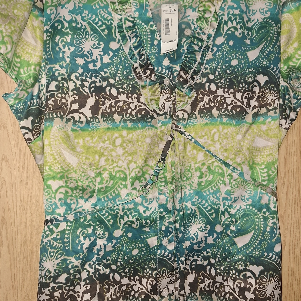 East 5th Green Teal Printed V-Neck Tie-Front Tunic